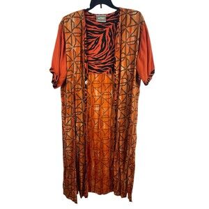 VTG Molato Tribal African Print Orange Duster Long Open Front Short Sleeve XL-1X